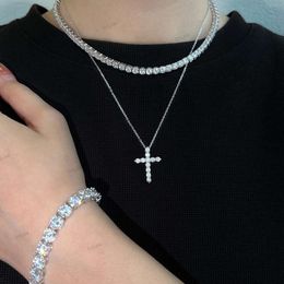 Iced Out Cubic Zirconia 18k Gold Cuban Link Chain Cross Pendant Diamond 925 Silver Tennis Necklace Chocker Necklaces for Women