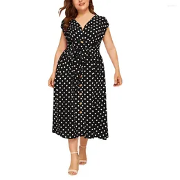 Party Dresses Summer Women Dress Plus Size Polka Dot Floral Print V Neck High Waist Sleeveless Belt Vintage Female Vestidos 2024