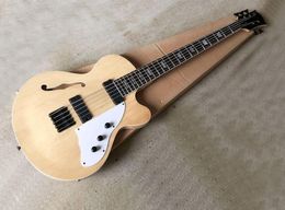 5 Strings Natural Wood Color Electric Bass Guitar with Semihollow BodyWhite PickguardRosewood Fretboard with Black Binding5906232