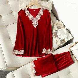 Home Clothing V-Neck Sleep Set Intimate Lingerie Casual Velour 2PCS Pyjamas Suit Long Sleeve Women Lace Autumn Pyjamas