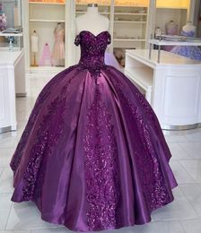 Sexy Dark Purple 2022 Ball Gown Quinceanera Prom Dresses Bling Sequined Lace Patterned Applique Off Shoulder Formal Corset XV Even4847334