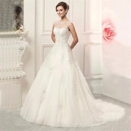 Dresses Scoop Neck Button Back Tulle A Line Applique Lace Wedding Dress robe de mariage Bridal Gowns