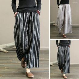 Women's Pants High Quality Vintage Black Grey Oversized Women Clothing Casual Cotton Linen Striped Leisure Loose Wide Leg Trousers