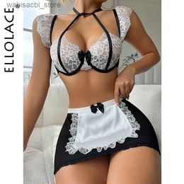 Sexy Set Ellolace Erotic Lingerie Maid Outfit Lace Ruffled Skirt Translucent Halter Bra Matching Intim Goods Sissy Fancy Underwear L2447