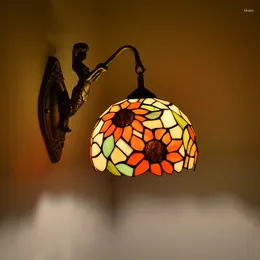 Wall Lamp Mediterranean Sun Flower Stained Colourful Glass E14 LED Bulb Sconce Vintage Bronze Iron Lights Fixture