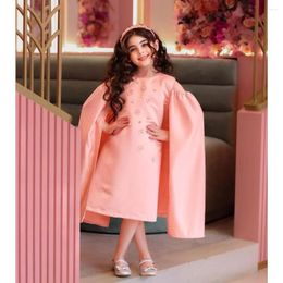 Girl Dresses Pink Cute Flower Pearls With Cape Sleeves Elegant O-Neck Mid-Calf A-Line Party Gowns Formal Casual Wedding