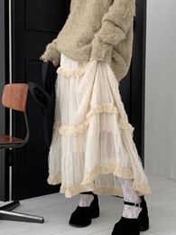 HOUZHOU Korean Lace Long Skirt Women Vintage Cute High Waist Loose Fairycore Tassel Patchwork A-Line Midi Skirt Mori Girl Autumn240325