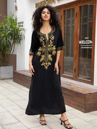Gold Embroidered Women Half Sleeve Black Kaftan Robe Long Dress Holiday Relaxed Homewear Beach Wear Bathrobe Wrap Q1664