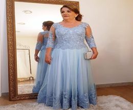 2020 Elegant Lace Mother Of The Bride Dresses Sheer Neck 34 Long Sleeve Tulle Appliques Plus Size Floor Length Formal Evening Mot9269029