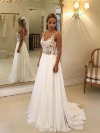 Dresses Beach Wedding Dress Pearls ALine Applique Lace Chiffon Plus Size Women Bridal Dresses For Guests