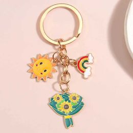 Keychains Lanyards Cute Keychain Sunflower Sun Rainbow Key Ring Enamel Chains For Women Girls Handbag Accessorie Car Keys DIY Jewelry Gifts Q240403