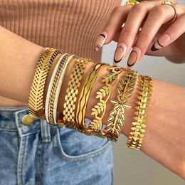 Bangle ALLYES Fashion Chunky Gold Colour Geometry Ears Of Wheat Wide Stainless Steel Bangles Bracelets For Women Waterproof Jewellery