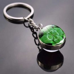 Keychains Lanyards Three leaf clover keychain four glass ball double-sided pendant metal keyring lucky Jewellery gift Q240403