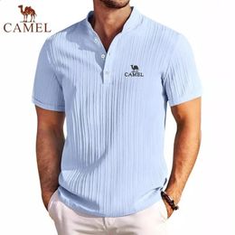 High End Embroidered CAMEL Cotton and Linen Striped Henry Polo Shirt Summer Mens Retro Fashion Casual Short Sleeved Top 240402