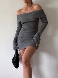 Casual Dresses Women's Spring And Autumn Short Knit Long Sleeve Slim Dress Package Hip Gray Strapless Sheath