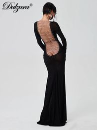 Dulzura Summer Solid See Through Maxi Backless Back Straps Dress Long Sleeve Edible Tree Fungus Party Birthday Y2K 240407