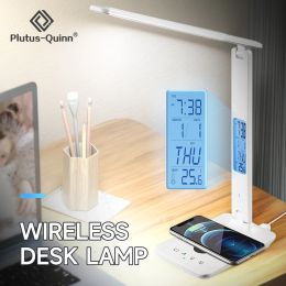 Clocks 10W QI Wireless Charging LED Desk Lamps With Calendar Temperature Alarm Clock Eye Protect Study Business Light Table Lamp