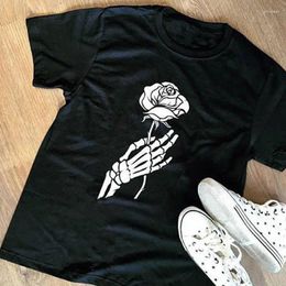 Women's T Shirts Skeleton Hand Holding A Rose T-shirt Funny Women Gothic Black Tshirt Aesthetic 90s Hipster Graphic Summer Tee Shirt Top