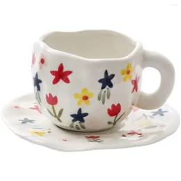 Cups Saucers 300ml Hand-painted Flower Ceramic Coffee Cup Home Office Mug With Saucer Breakfast Milk Juice Tea Handle Gift Microwave Safe