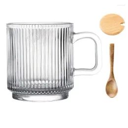 Wine Glasses 11oz Glass Mug Stripe Coffee Beverage Water Cup With Lid Spoon Heat-Resistant Cups Clear Tea