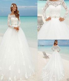 Beautiful Beach Long Sleeve Ball Gown Wedding Dresses Boat Neck Lace Floral Fitted Beaded Sash Summer Bridal Cheap arabic Bohemian7894293