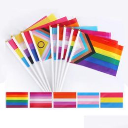 Banner Flags 14X21Cm Rainbow Flag With Flagpole Gay Lesbian Homoual Biual Panuality Transgender Lgbt Pride 1010 Drop Delivery Home Gar Dhagp