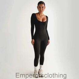 Womens new sexy soft high elastic long sleeved tight fitting suit with U-neck patchwork long pants jumpsuit