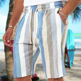 Men's Shorts Men Summer Striped Print Contrast Color Drawstring Casual Fashion Faux Flax Beach Breathable