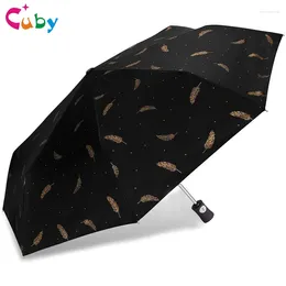 Umbrellas CUBY Woman Folding Umbrella For Rain Sun Kids Mini Female Creative Feather Printing Anti UV Parasol