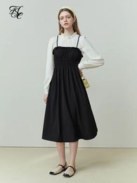 FSLE Fake Two Piece French Style Women Long Sleeve Dress Spring Temperament Waist ALINE Skirt Wooden Neckline MidLength 240407