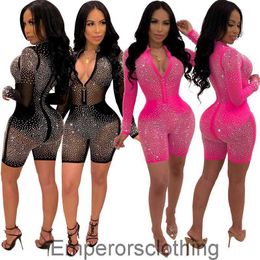 New womens hot drill mesh sexy long sleeve Jumpsuit h3243