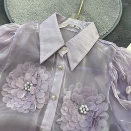 Women's T Shirts 2024ss Hollow Short Sleeve Light Luxury Fashion Top 3D Flower Beaded Series