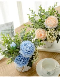 Decorative Flowers Northern European-Style Set Ceramic Rope Rose Vase Potted Plant Home Office Wedding Party Decoration Imitation