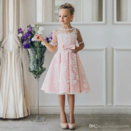 Dresses Pink Ball Gown Flower Girls Dresses Sequins Top Big Bow African Girls Wedding Birthday Wear Gowns