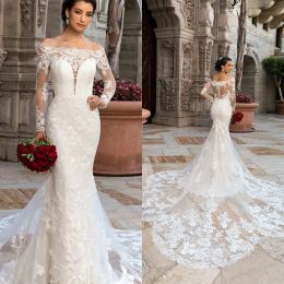 Wedding Dresses Lace Applique Mermaid Bridal Gowns Off Shoulder Long Sleeve Button Back Wedding Dress Vestidos De