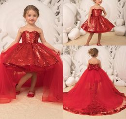 2019 Sparkle Sequins Red Princess Ball Gown Girls Pageant Dresses Tulle Appliques Bow Detachable Train High Low Kids Party Birthda4244776