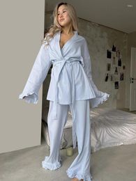 Home Clothing Blue Pyjamas For Women 2 Piece Sets Loose Long Sleeve V Neck Sleepwear Sashes Female Trouser Suits 2024 Autumn Fashion