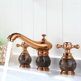 Bathroom Sink Faucets Luxury Rose Gold Solid Brass Marble Faucet European Style Art Double Handle Three Holes Basin Mixer