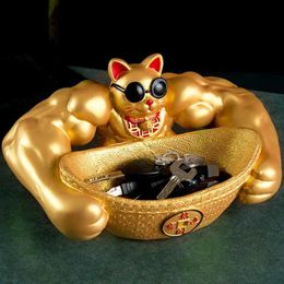 Arts and Crafts iant Arm Inots Cat Desktop Storae Bowl olden Trays Decorative Animal Statue Desk Decoration Muscle Robbery Cat SculptureL2447