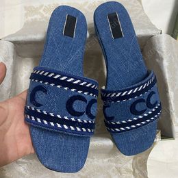 WOMENS SLIDE SANDAL WITH SCRIP 771589 Light blue denim sandals designer sandals flat sandal Embroidered sandal Leather sole slide Denim Sandals denim slides 35 43