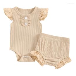 Clothing Sets Infant Baby Girl Summer Outfits Cute Eyelet Sleeve Round Neck Buttons Romper Elastic Waist Shorts Girls Clothes Set