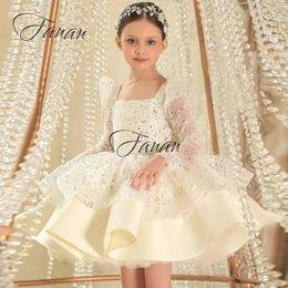 Sparkly Square Collar Neck Flower Girl Dresses Mini Length Ivory Sequin Baby Dress Long Sleeve For s Kids 240326