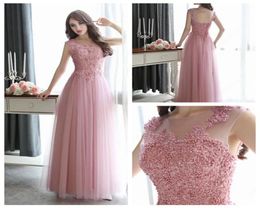 Chic ALine Tulle Long Prom Dresses Floor Length Lace Applique Pearls Inexpensive Homecoming Dress Open Back Pink Evening Gowns6574956