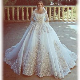 Dresses Amazing Dubai Wedding Dresses 2018 Spring Summer 3D Appliques Long Sleeves Bridal Gowns Scoop Neckline Wedding Vestidos Custom Mad