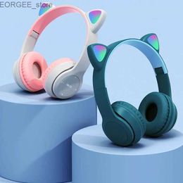 Cell Phone Earphones Cute Cat Ear Bluetooth Compatible Headset with LED Wireless Headset Children Girls Stereo Folding Sports Headset with Microphone Y240407