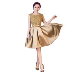 Scoop Neck Lace Satin Bridesmaid Dress Gold Burgundy 2020 Short Party Dress Knee Length Formal Dresses6030689