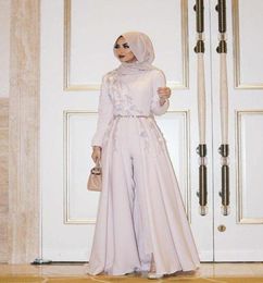 2022 Elegant Muslim Jumpsuit Evening Dresses With Detachable Skirt Beaded Long Sleeve Formal Party Gowns For Weddings Arabic Dubai7315165