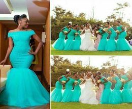 African Turquoise Bridesmaid Dresses Mermaid Evening Party Gowns Aqua Blue Lace Wedding Guest Dresses Customize Off Shoulder Maid 6635647