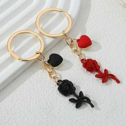 Keychains Lanyards Pretty Enamel Red Black Rose Hearts Plants Flowers Key Rings For Women Men Lovers Friendship Gift Handmade Jewelry Q240403