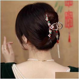 Hair Clips Barrettes Summer Fashion Pearl Tassel Flower Large Catch Clip Guochao Temperament Beijing Opera Hairpin Han Suit Back Head Dhesr